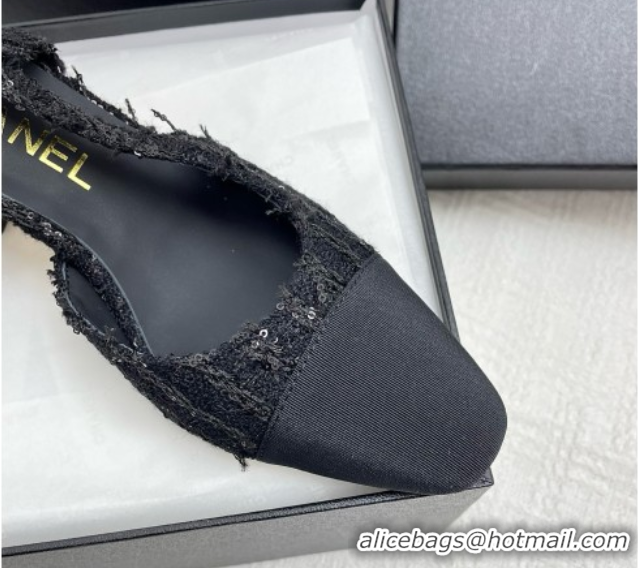 Best Price Chanel Tweed & Grosgrain Slingbacks Pumps with Sequins G31318 6.5cm Heel Black