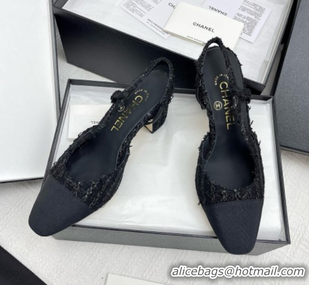 Best Price Chanel Tweed & Grosgrain Slingbacks Pumps with Sequins G31318 6.5cm Heel Black