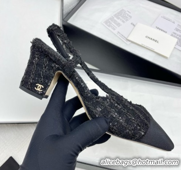 Best Price Chanel Tweed & Grosgrain Slingbacks Pumps with Sequins G31318 6.5cm Heel Black