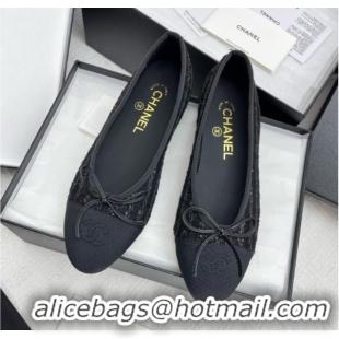 Original Cheap Chanel Tweed & Grosgrain Ballet Flats with Sequins CHB71006 Black