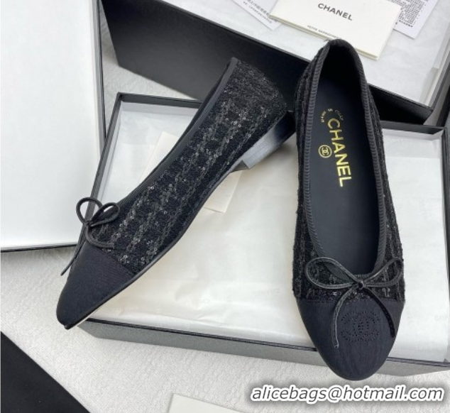 Original Cheap Chanel Tweed & Grosgrain Ballet Flats with Sequins CHB71006 Black