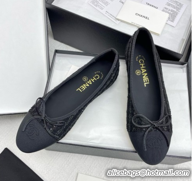 Original Cheap Chanel Tweed & Grosgrain Ballet Flats with Sequins CHB71006 Black