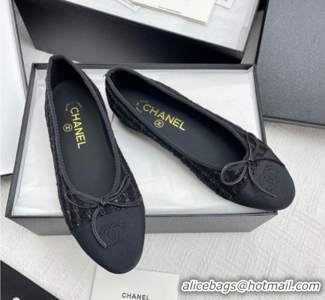 Original Cheap Chanel Tweed & Grosgrain Ballet Flats with Sequins CHB71006 Black