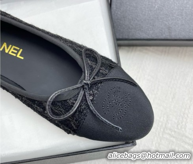 Original Cheap Chanel Tweed & Grosgrain Ballet Flats with Sequins CHB71006 Black