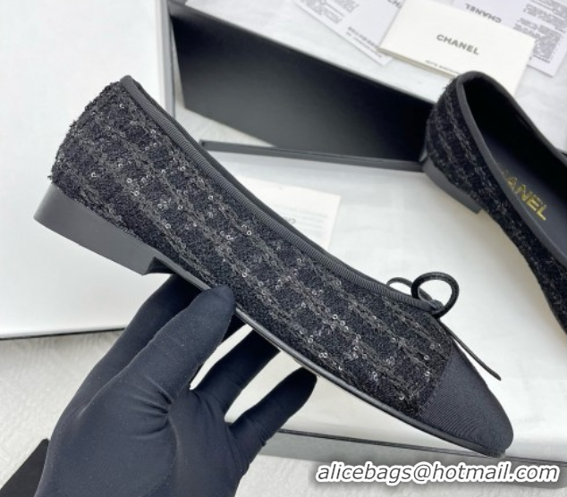 Original Cheap Chanel Tweed & Grosgrain Ballet Flats with Sequins CHB71006 Black