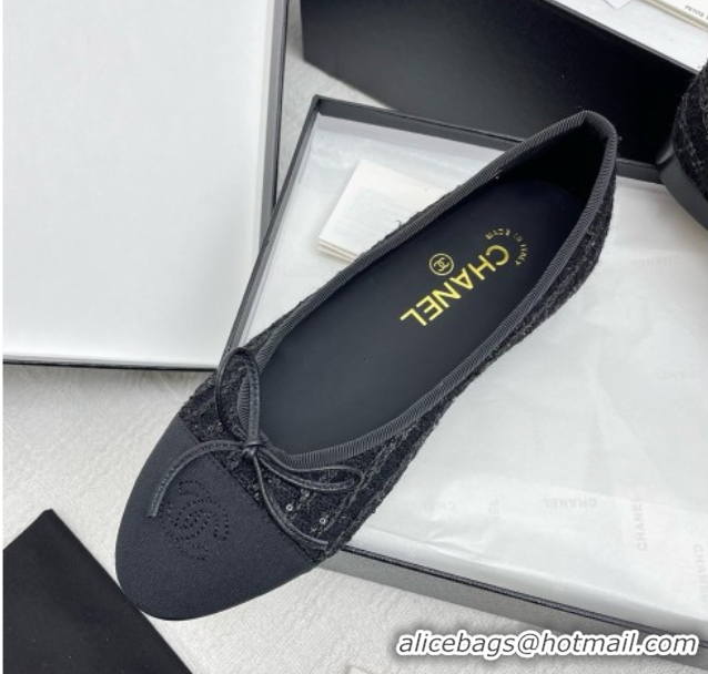 Original Cheap Chanel Tweed & Grosgrain Ballet Flats with Sequins CHB71006 Black