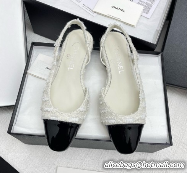 Purchase Chanel Tweed & Patent Leather Slingbacks Flats G31319 White/Black