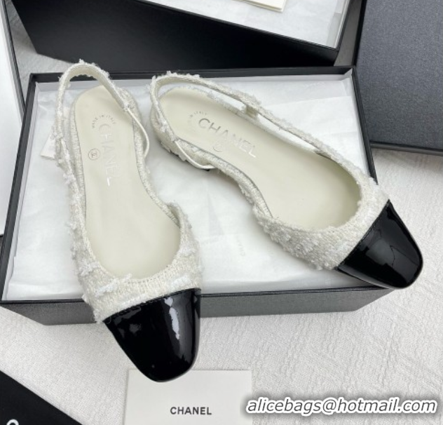 Purchase Chanel Tweed & Patent Leather Slingbacks Flats G31319 White/Black