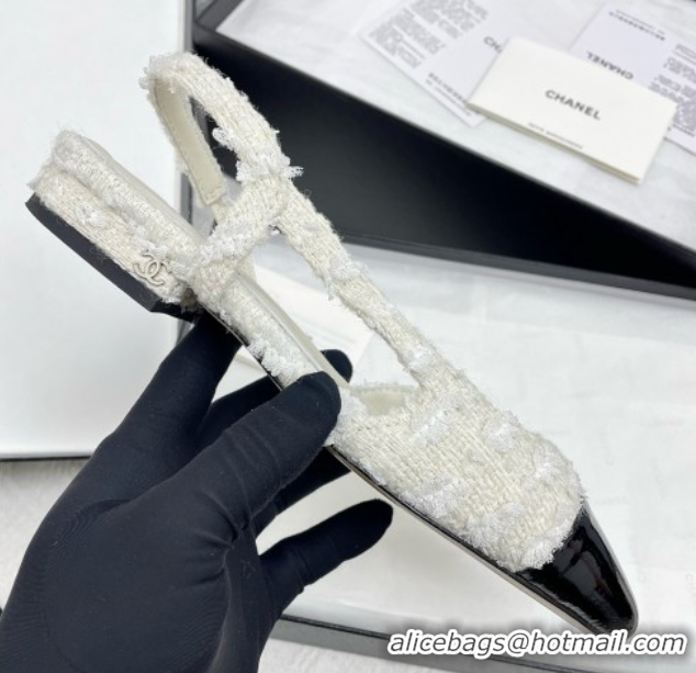 Purchase Chanel Tweed & Patent Leather Slingbacks Flats G31319 White/Black