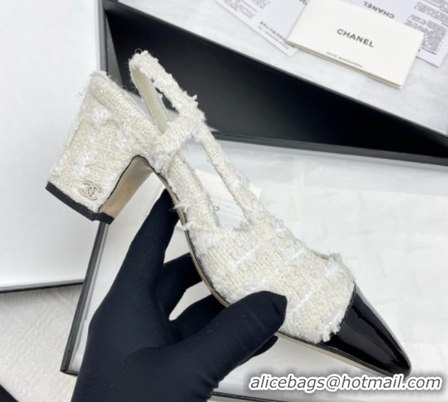 Classic Hot Chanel Tweed & Patent Leather Slingbacks Pumps 6.5cm Heel G31318 Black/White