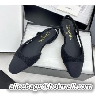 Pretty Style Chanel Tweed & Grosgrain Slingbacks Flats G31319 Black