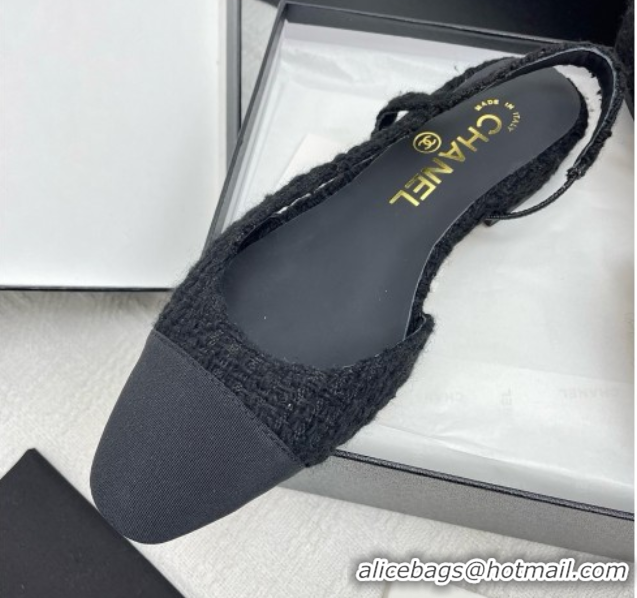 Pretty Style Chanel Tweed & Grosgrain Slingbacks Flats G31319 Black