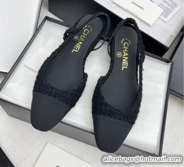 Pretty Style Chanel Tweed & Grosgrain Slingbacks Flats G31319 Black