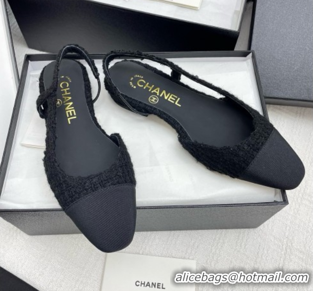 Pretty Style Chanel Tweed & Grosgrain Slingbacks Flats G31319 Black