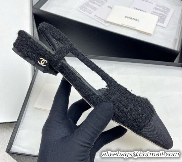 Pretty Style Chanel Tweed & Grosgrain Slingbacks Flats G31319 Black