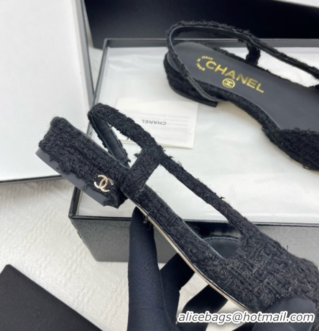 Pretty Style Chanel Tweed & Grosgrain Slingbacks Flats G31319 Black