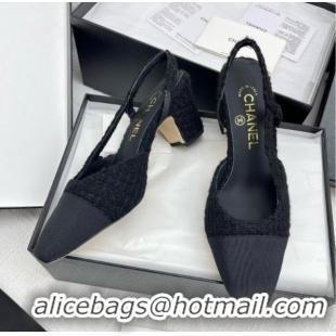 Sophisticated Chanel Tweed & Grosgrain Slingbacks Pumps G31318 6.5cm Heel Black