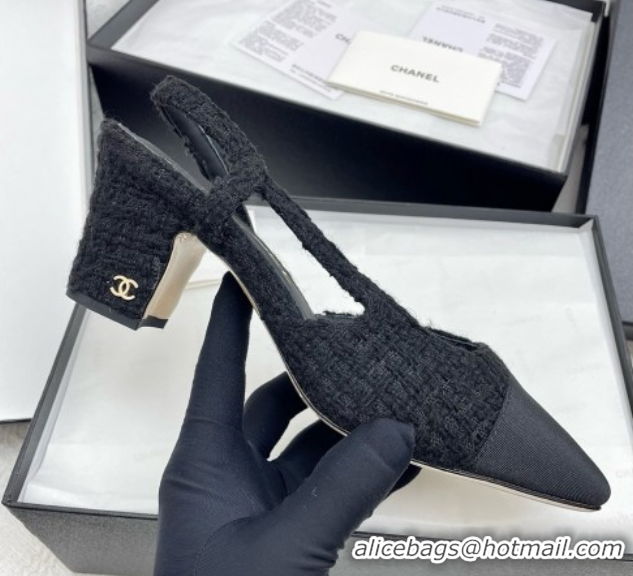 Sophisticated Chanel Tweed & Grosgrain Slingbacks Pumps G31318 6.5cm Heel Black