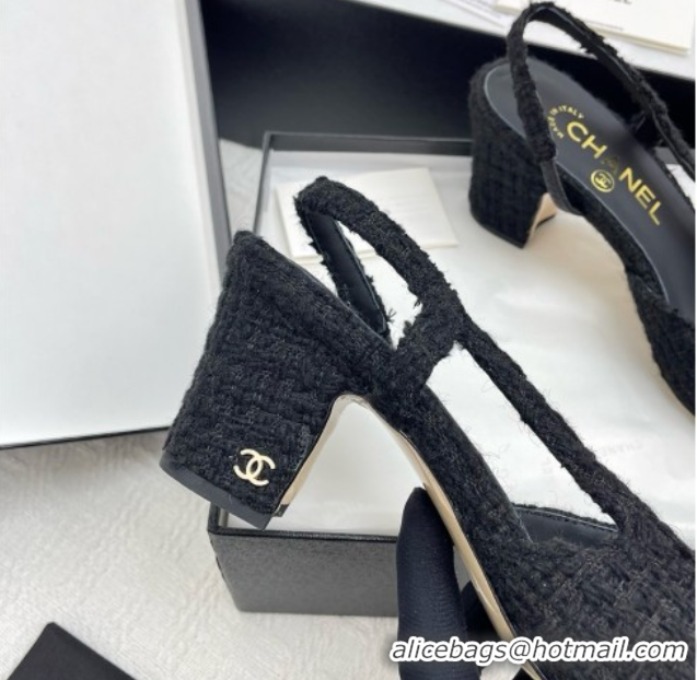Sophisticated Chanel Tweed & Grosgrain Slingbacks Pumps G31318 6.5cm Heel Black