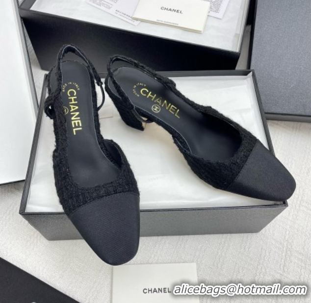 Sophisticated Chanel Tweed & Grosgrain Slingbacks Pumps G31318 6.5cm Heel Black