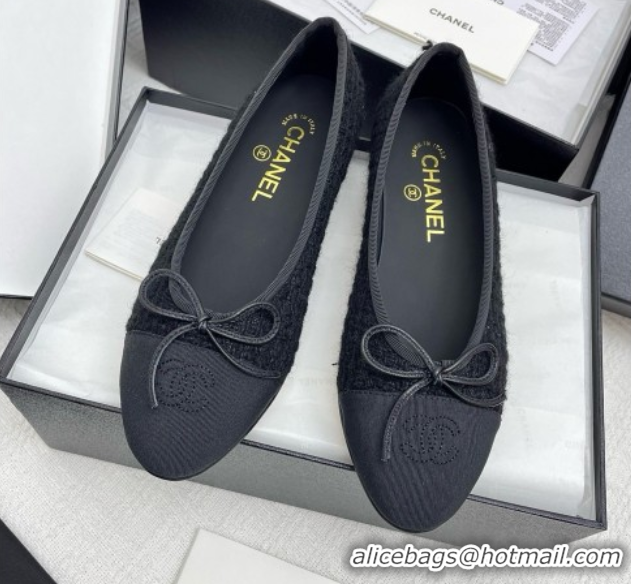 Charming Chanel Tweed & Grosgrain Ballet Flats CNB71012 Black