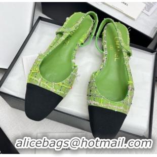 Durable Chanel Tweed & Grosgrain Slingbacks Flats G31319 Green