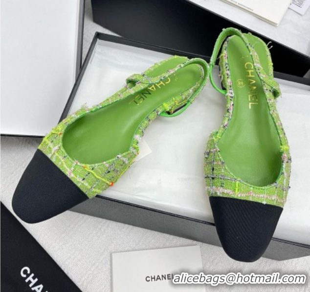 Durable Chanel Tweed & Grosgrain Slingbacks Flats G31319 Green