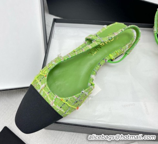 Durable Chanel Tweed & Grosgrain Slingbacks Flats G31319 Green