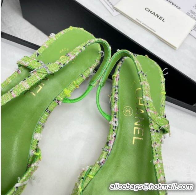 Durable Chanel Tweed & Grosgrain Slingbacks Flats G31319 Green
