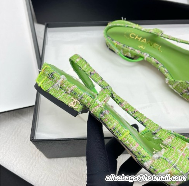 Durable Chanel Tweed & Grosgrain Slingbacks Flats G31319 Green