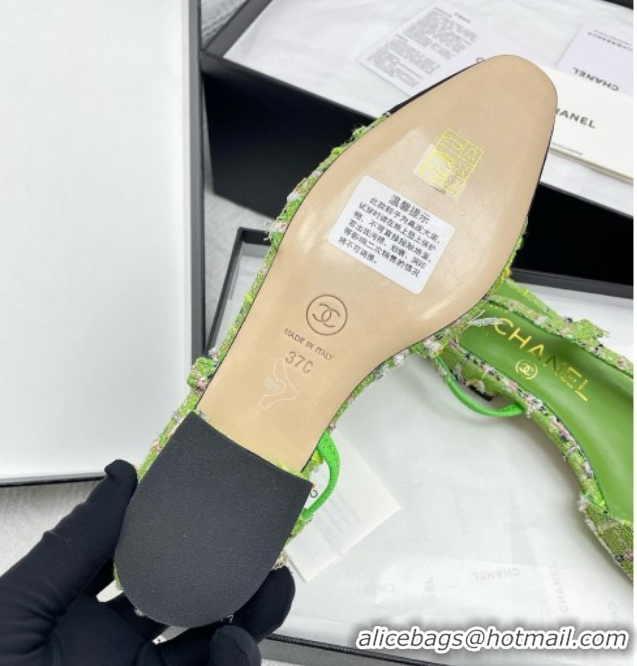 Durable Chanel Tweed & Grosgrain Slingbacks Flats G31319 Green