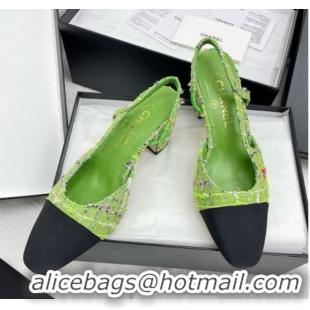 Stylish Chanel Tweed & Grosgrain Slingbacks Pumps G31318 6.5cm Heel Green