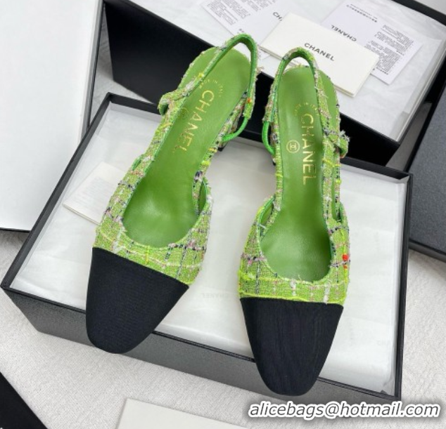 Stylish Chanel Tweed & Grosgrain Slingbacks Pumps G31318 6.5cm Heel Green