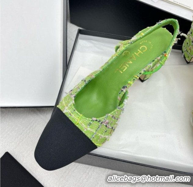 Stylish Chanel Tweed & Grosgrain Slingbacks Pumps G31318 6.5cm Heel Green