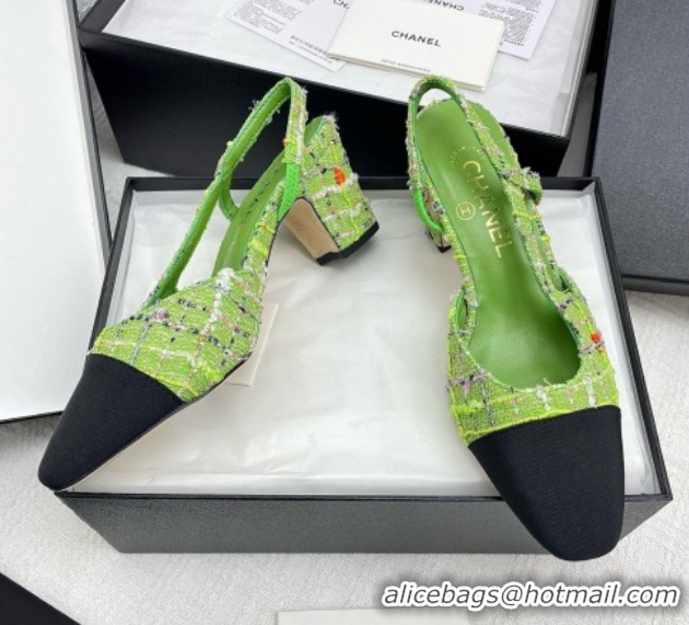 Stylish Chanel Tweed & Grosgrain Slingbacks Pumps G31318 6.5cm Heel Green