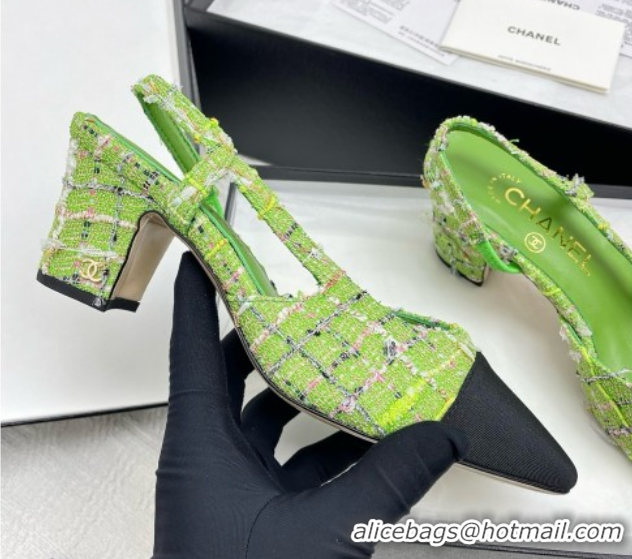 Stylish Chanel Tweed & Grosgrain Slingbacks Pumps G31318 6.5cm Heel Green