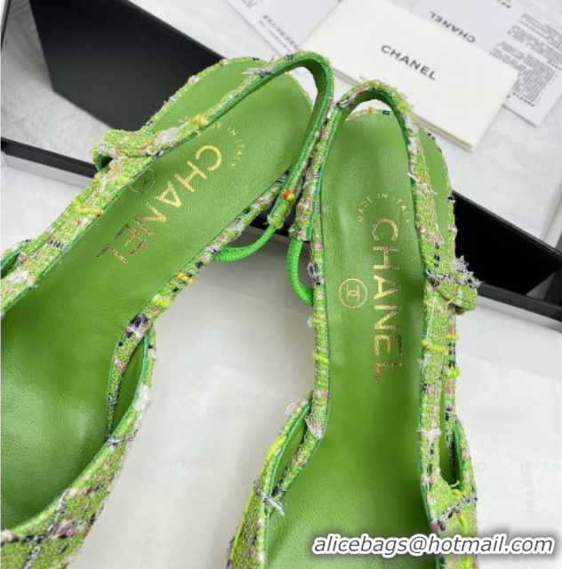 Stylish Chanel Tweed & Grosgrain Slingbacks Pumps G31318 6.5cm Heel Green