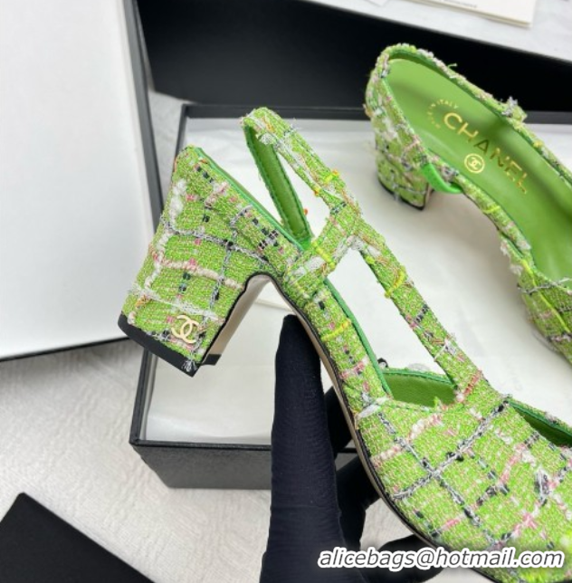 Stylish Chanel Tweed & Grosgrain Slingbacks Pumps G31318 6.5cm Heel Green