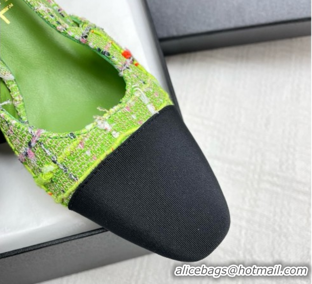 Stylish Chanel Tweed & Grosgrain Slingbacks Pumps G31318 6.5cm Heel Green