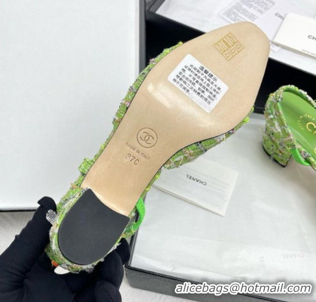 Stylish Chanel Tweed & Grosgrain Slingbacks Pumps G31318 6.5cm Heel Green