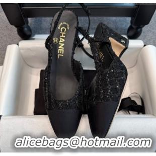 Cheap Price Chanel Tweed & Grosgrain Slingback Pumps G31318 6.5cm Black/Sequins