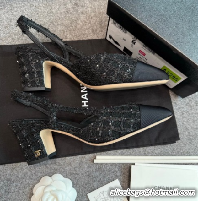 Cheap Price Chanel Tweed & Grosgrain Slingback Pumps G31318 6.5cm Black/Sequins