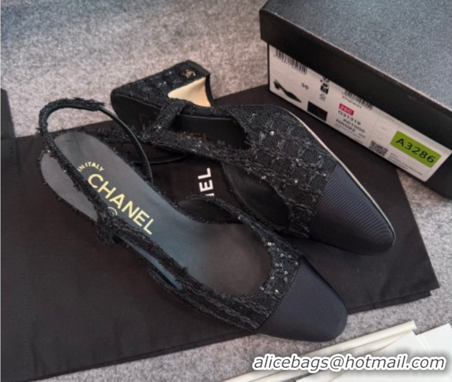 Cheap Price Chanel Tweed & Grosgrain Slingback Pumps G31318 6.5cm Black/Sequins