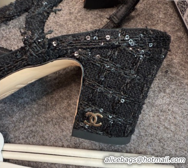 Cheap Price Chanel Tweed & Grosgrain Slingback Pumps G31318 6.5cm Black/Sequins