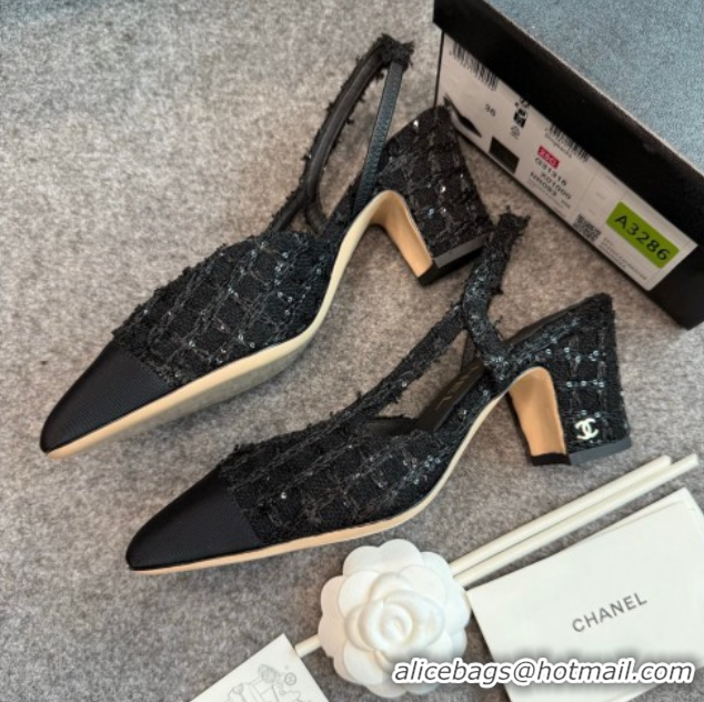 Cheap Price Chanel Tweed & Grosgrain Slingback Pumps G31318 6.5cm Black/Sequins