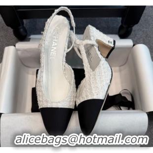 Luxury Cheap Chanel Tweed & Grosgrain Slingback Pumps G31318 6.5cm White/Black