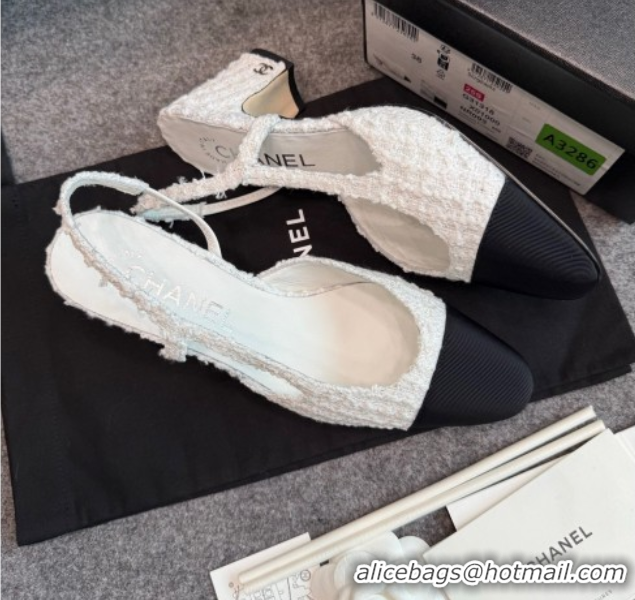 Luxury Cheap Chanel Tweed & Grosgrain Slingback Pumps G31318 6.5cm White/Black