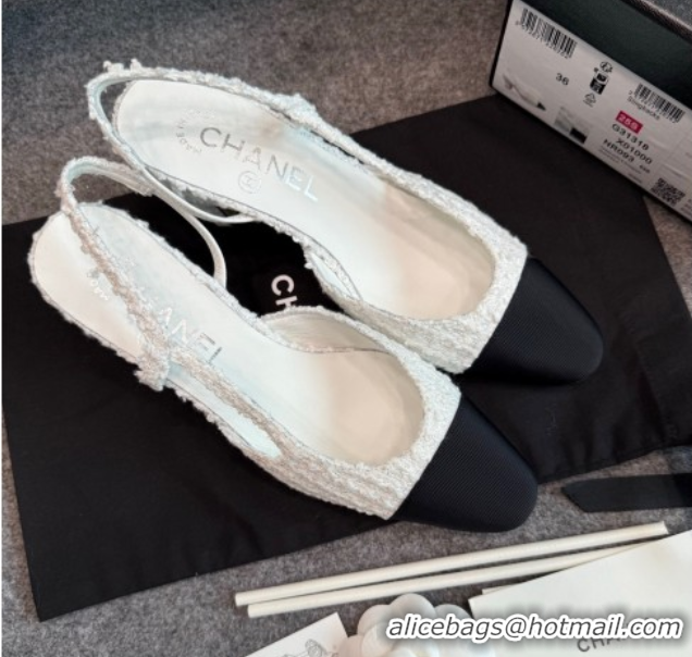 Luxury Cheap Chanel Tweed & Grosgrain Slingback Pumps G31318 6.5cm White/Black