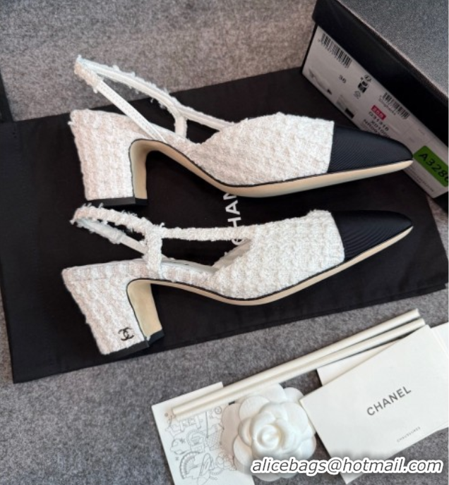 Luxury Cheap Chanel Tweed & Grosgrain Slingback Pumps G31318 6.5cm White/Black