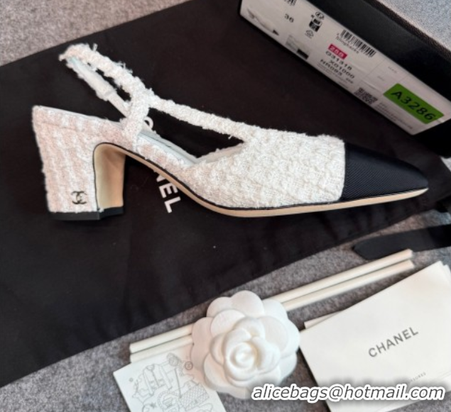 Luxury Cheap Chanel Tweed & Grosgrain Slingback Pumps G31318 6.5cm White/Black
